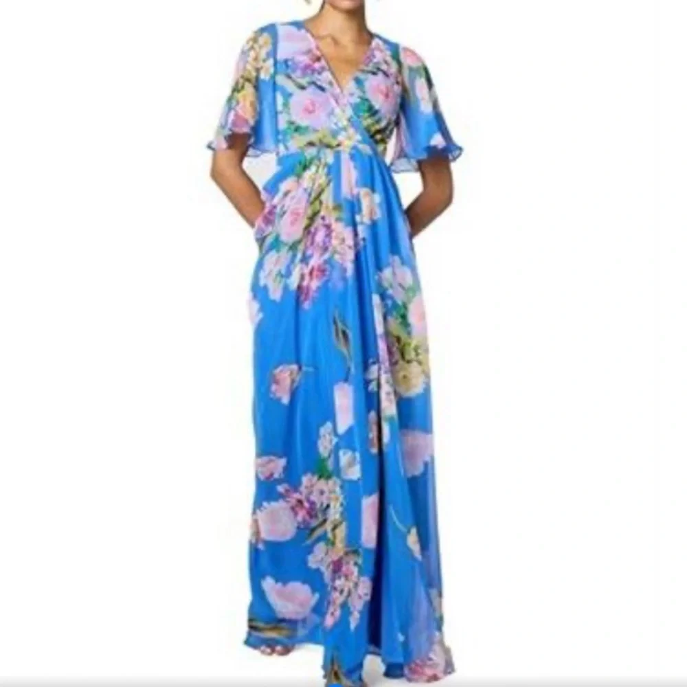 white christmas dresses Adrianna Papell Halter Mock Neck Blouson Floral Print Chiffon Dress